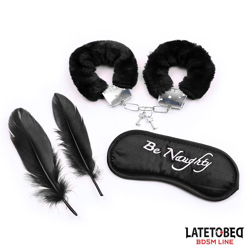 LATETOBED BDSM LINE Set de 3 Piezas Antifaz, Plumas y Esposas